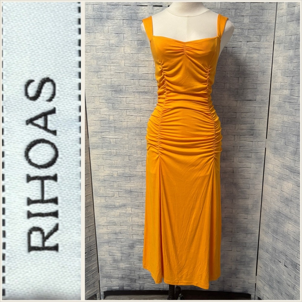 RIHOAS Orange Ruched Bodycon‎ Midi Dress Womens M Square Neck Spaghetti Straps